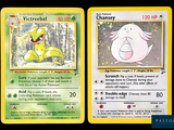 two pokemon cards are shown on a black background with a yellow border