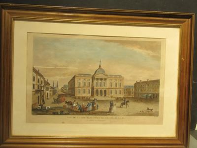 painting of a view of a city with a horse drawn carriage in front of a building