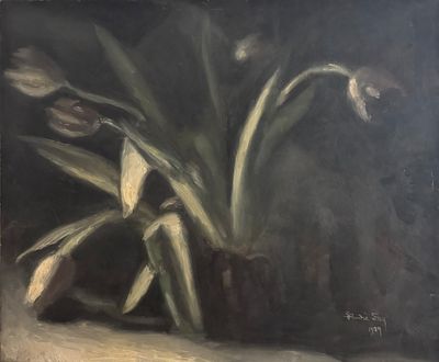 un tableau représentant des fleurs dans un vase posé sur une table