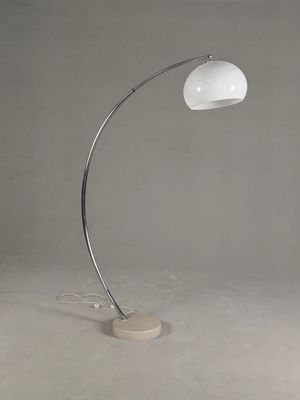 a white floor lamp with a wooden base and a white shade