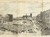 an old book with a drawing of a city on it