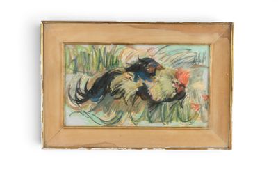 une image représentant un tableau où l'on voit un chien dans un champ d'herbe