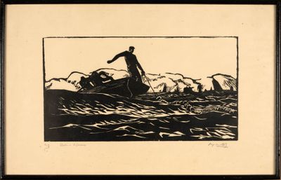un dessin en noir et blanc représentant un homme dans un bateau