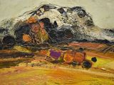 a painting of a mountain in the middle of a field
