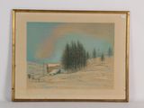 tableau représentant un paysage enneigé avec des arbres et une maison au loin