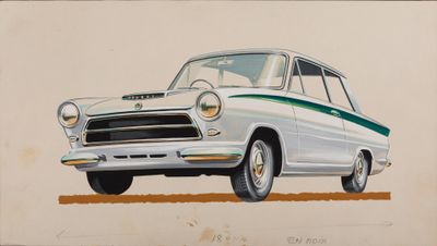 drawing of a white car with a green stripe on the front