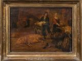 une image représentant un tableau où l'on voit un homme et une femme dans une grange