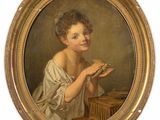 painting of a woman holding a bird in her hand in a gold frame