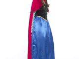 woman in a blue and red dress with a red cape