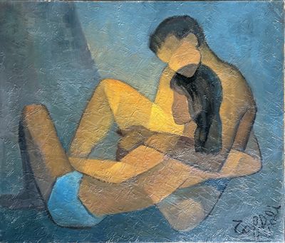 un tableau représentant un homme et une femme assis sur un lit