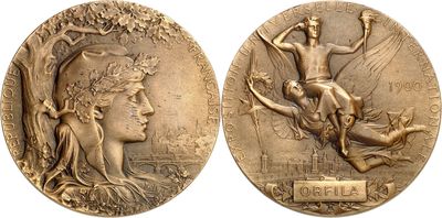 a close up of two gold medals on a white background