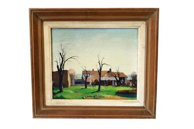 une image représentant une peinture d'une scène de vie à la ferme, avec une maison en arrière-plan
