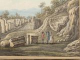 an old painting of a group of people standing in front of a stone building