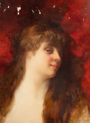 portrait d'une femme aux cheveux longs sur fond rouge