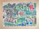 a picture of a watercolor painting of a boat dock