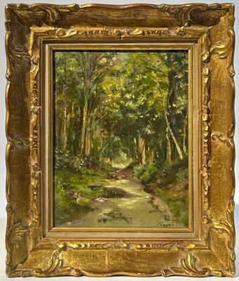 une peinture à l'huile d'un chemin dans une forêt avec des arbres