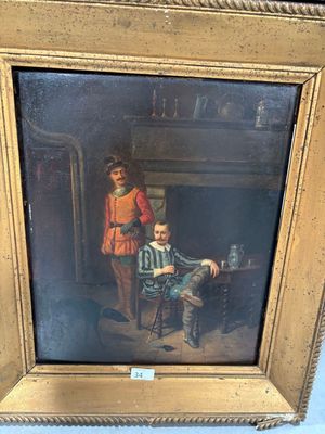 tableau représentant un homme assis sur une chaise à côté d'une femme en robe rouge