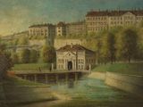 peinture d'une vue d'une ville avec une rivière et un pont