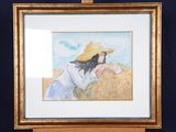 painting of a woman in a straw hat leaning against a blue background