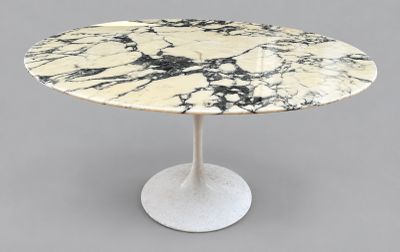 an image of a marble table with a white base and a black and white marble top