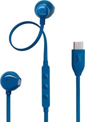 a pair of blue earphones with a cable connected to it