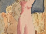 une image représentant un tableau où l'on voit une femme dans un champ avec un ours
