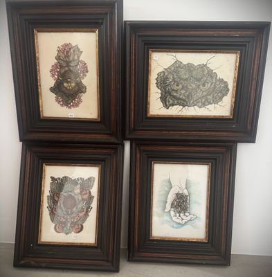 three framed pictures of a cat and a bird on a wall