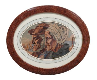 tableau représentant un homme et une femme portant un chapeau, un homme portant un turban, une femme portant un chapeau et un homme portant un turban