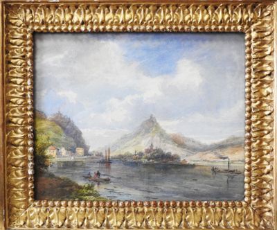 an oil painting of a river scene with boats and mountains in the background