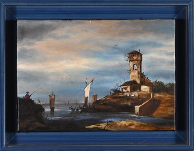 une photo d'un tableau représentant un phare sur la plage