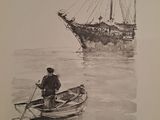 dessin représentant un homme dans une barque, avec un bateau en arrière-plan