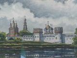 tableau représentant un château situé sur une colline près d'un plan d'eau