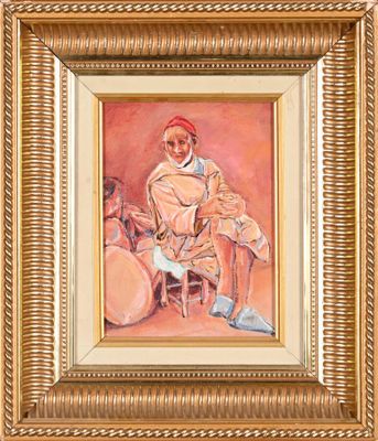 une peinture à l'huile représentant un homme assis sur une chaise avec des tambours