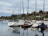 several sailboats are docked in the water near a row of houses
