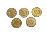 a set of five gold sovereigns, including a sovereign head, sovereign head, sovereign head and sovereign head