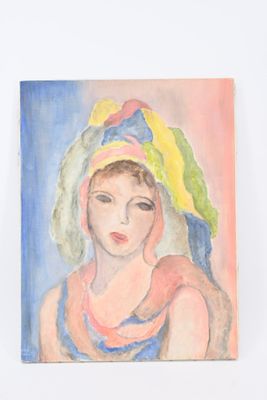 painting of a woman with a colorful hat on her head