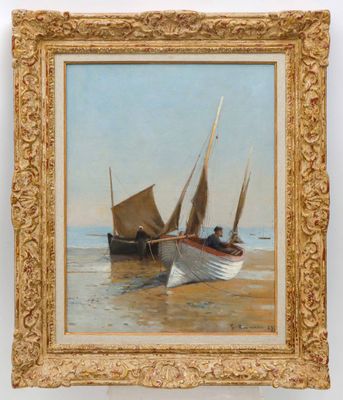 an oil painting of two boats on a beach with a man in a boat