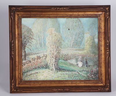 an oil painting of a couple in a garden with a dog