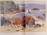a picture of a book with a picture of people and animals in it