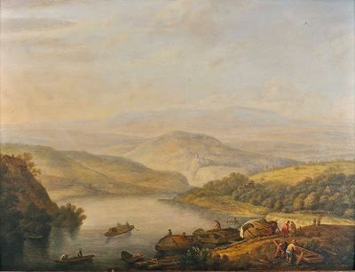 tableau représentant une vue sur une rivière avec des bateaux et des personnes sur la rive