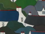 a painting of a village with houses on a hill