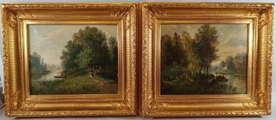 deux tableaux représentant des arbres et une rivière, dans un cadre doré