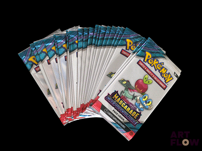 several packs of pokemon trading cards are stacked on top of each other