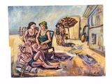un tableau représentant un groupe de personnes assises sur une plage