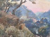 tableau représentant une vue d'un village de montagne avec un arbre