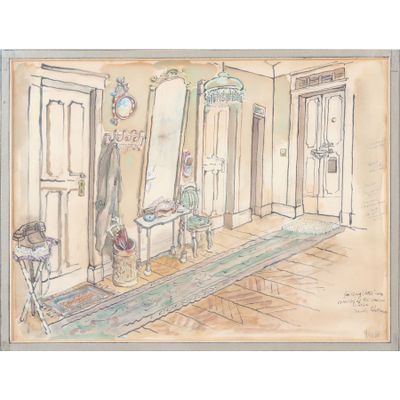 dessin représentant une pièce avec un miroir, une chaise et un tapis