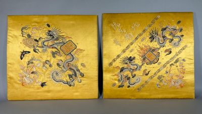 pair of chinese silk paintings of dragon and phoenix