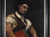 a painting of a man in a hat and vest holding a knife