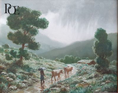 Ecole du XXe siècle, Vaches et fermière sur le chemin en mon… - Photo 1