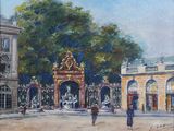 painting of a painting of a building with a fountain in the middle of it